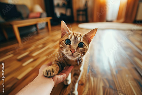 Curious cat reaching out to camera in a cozy home. Generative AI image photo