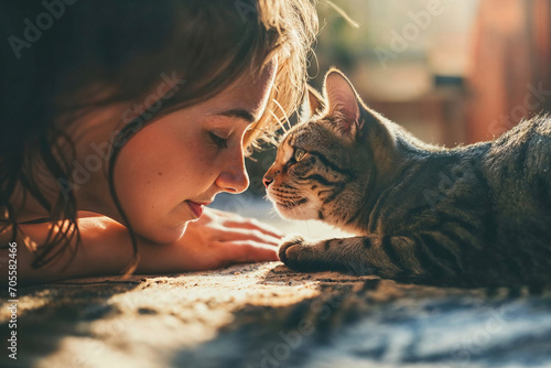 Tender moment between a young woman and a cat. Generative AI image