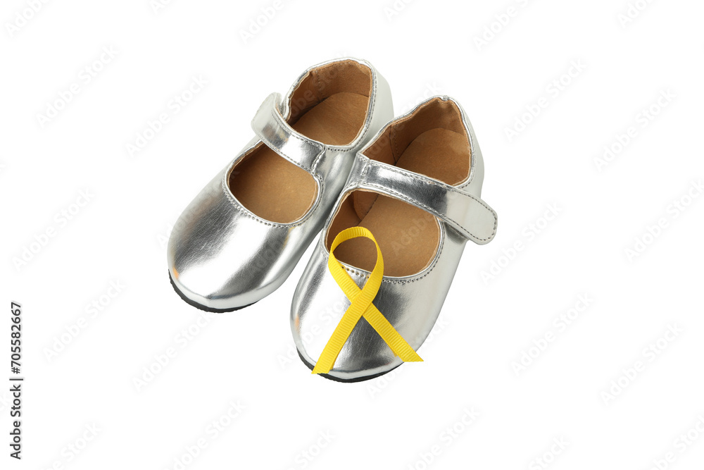 PNG,Silver children's shoes with a yellow ribbon, isolated on white background