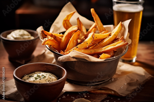 Hand-cut Fries with Dips and Craft Beer on Table Generative AI image