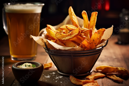 Rustic fries with dip and beer in a cozy setting Generative AI image