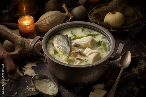 Traditional fish soup in rustic kitchen setting Generative AI image photo