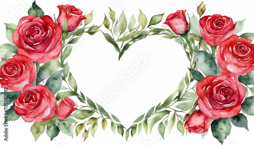 Red roses watercolor card with heart shaped copy space