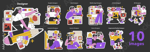 Diverse Design Professions set. Creatives in action, from graphic to augmented reality, showcasing the spectrum of modern design vocations. Flat vector illustration