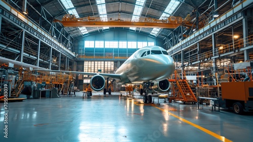 An aviation hangar in which an aircraft is assembled photo