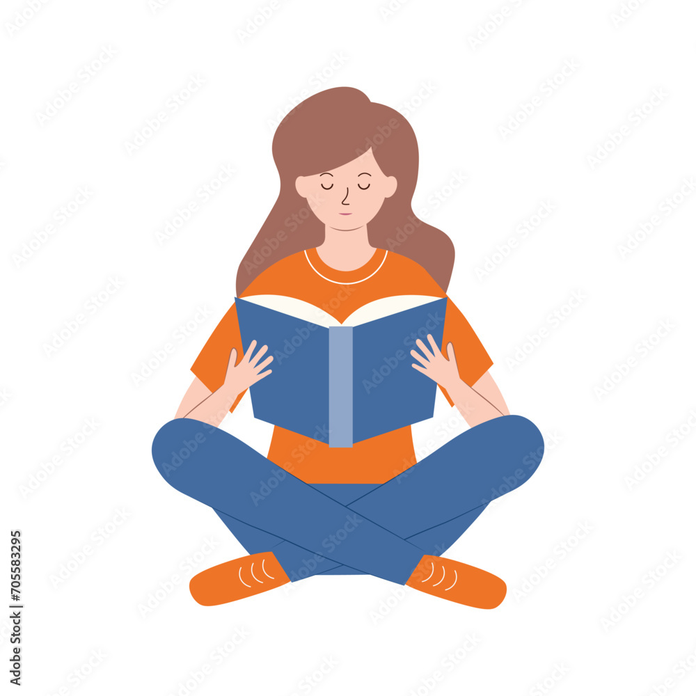 A young woman is sitting and reading a book with pleasure and interest. the girl keeps her diary or takes notes. The concept of mental health. Vector illustration A young woman is sitting and reading a book with pleasure and interest. the girl keeps her diary or takes notes. The concept of mental health. Vector illustration