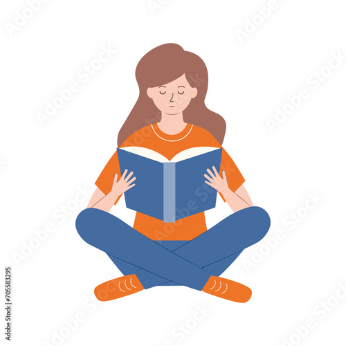 A young woman is sitting and reading a book with pleasure and interest. the girl keeps her diary or takes notes. The concept of mental health. Vector illustration