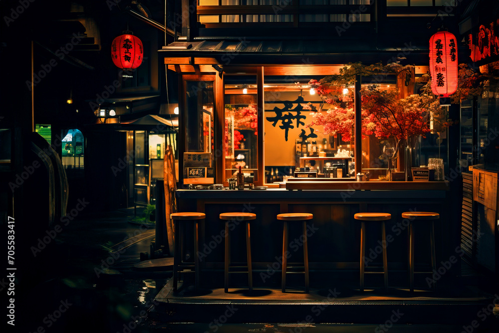 Asian bar with lanterns in an alley at night - obrazy, fototapety, plakaty 