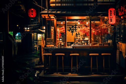 Asian bar with lanterns in an alley at night