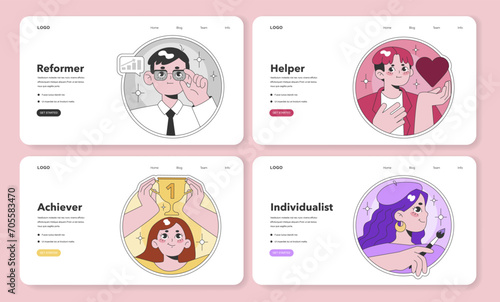 Enneagram personalities web layout. Illustrations of Reformer, Helper, Achiever, and Individualist embodying core traits in a user-friendly interface. Flat vector illustration.