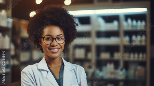Portrait of beautiful female pharmacist standing in in modern pharmacy