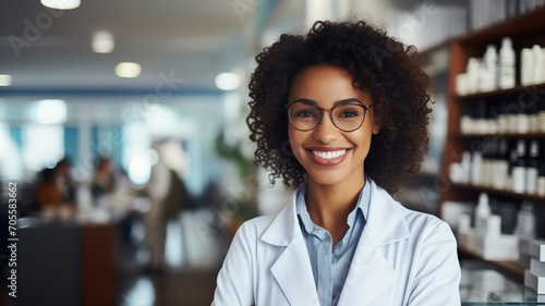 Portrait of beautiful female pharmacist standing in in modern pharmacy