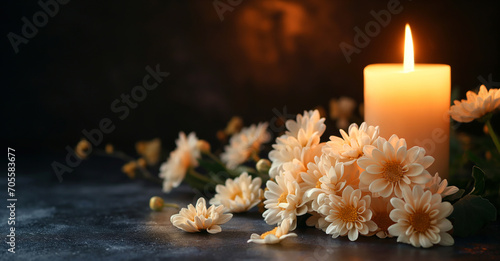 Beautiful light colored small chrysanthemum flowers and burning candle on black background with space for text