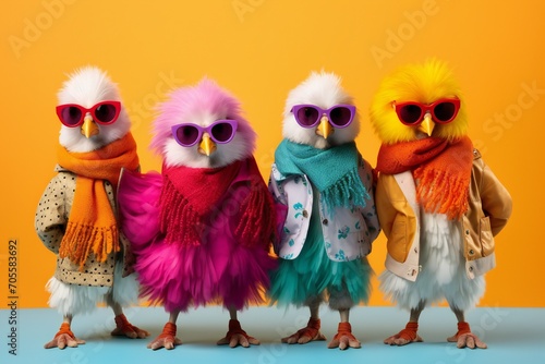 Creative animal concept. chicken in a group, vibrant bright fashionable outfits isolated on solid background advertisement, copy text space. birthday party invite invitation banner