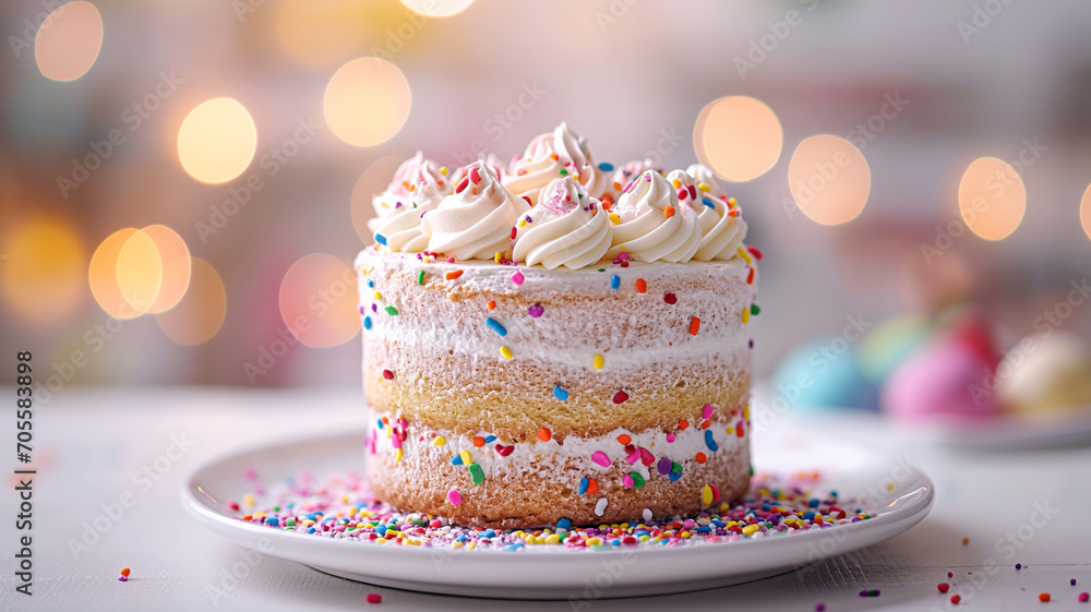 Birthday cake covered in sprinkles on a white table, minimalism style with glowing bokeh Birthday cake covered in sprinkles on a white table, minimalism style with glowing bokeh