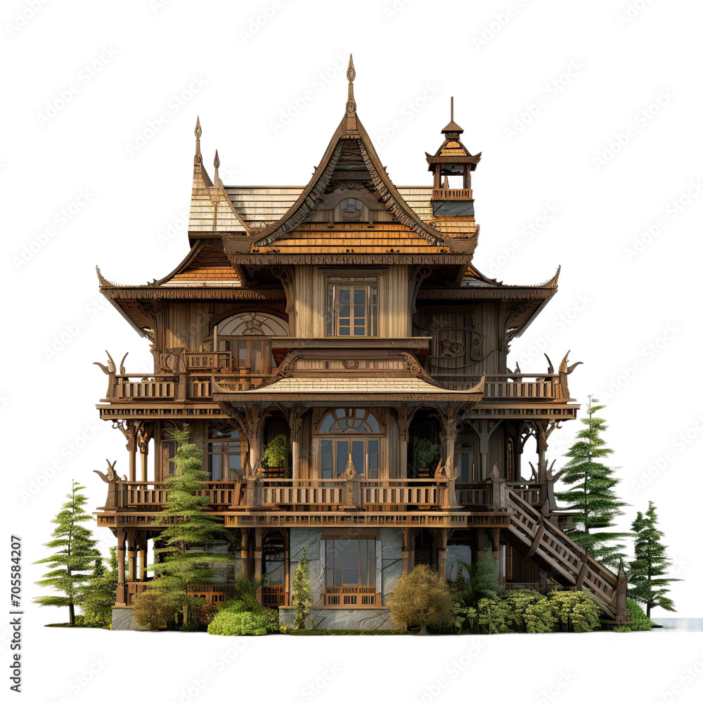 Realistic picture of Thai-style building on a transparent background