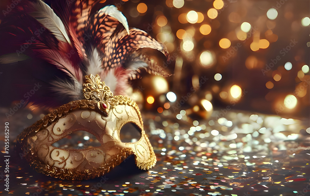 Luxury mask on dark golden bokeh blurred confetti background, concept carnival