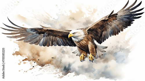 eagle watercolor illustration on a white background, a predatory free bird in flight photo