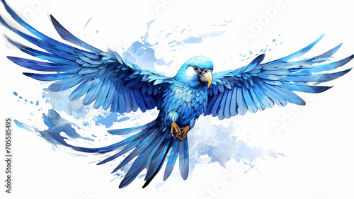 blue parrot in flight, isolated on a white background with a blue macaw print photo