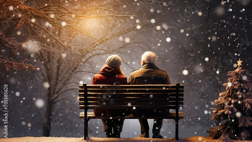 elderly couple in love sitting on a bench in the snowfall winter Christmas Eve, romantic evening man and woman view from the back