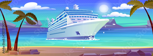 Summer cruise travel, sea liner, holiday vacation journey, tourist recreation, nautical voyage, cartoon sky, island coast with palm, summertime luxury resort. Vector illustration