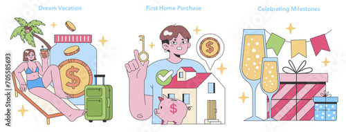 Life's Precious Moments trio. Saving for getaways, investing in homes, and marking achievements. Financial goals for vacations, property, and celebrations. Flat vector illustration