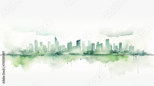 green eco silhouette of the city, illustration on a white background, cityline liquid paint, insulated print, logo