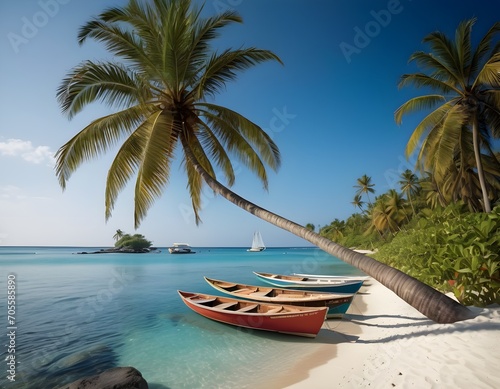 Tranquil Beach Vacation with Palm Trees, Clear Blue Sky, and Calm Sea