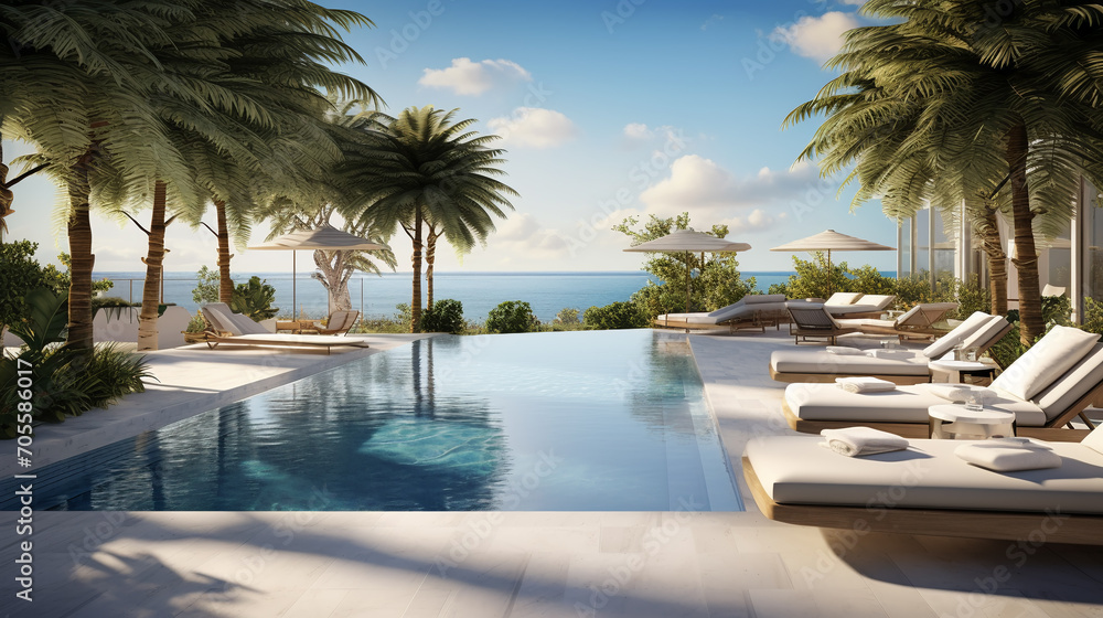 Fototapeta premium Luxury hotel with swimming pool with white fashion deckchairs on the beach., Exterior design.