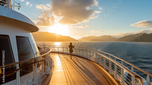 Woman stay back on Luxury Cruise Ship Deck at Sunset. 