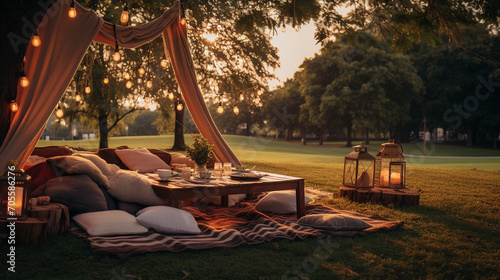 Blanket with pillows, candles for romantic evening on Garden, under tree in beautiful summer garden, zone for relaxation, place for rest, cozy yard. photo