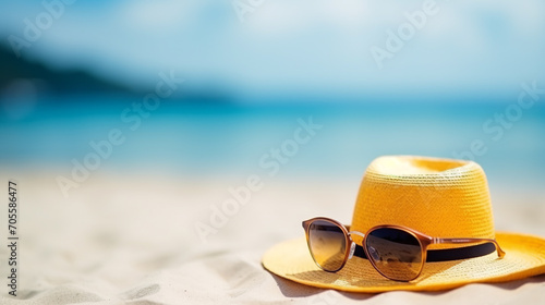 Beautiful sandy beach with hat and sun glasses. summer Background with copy space