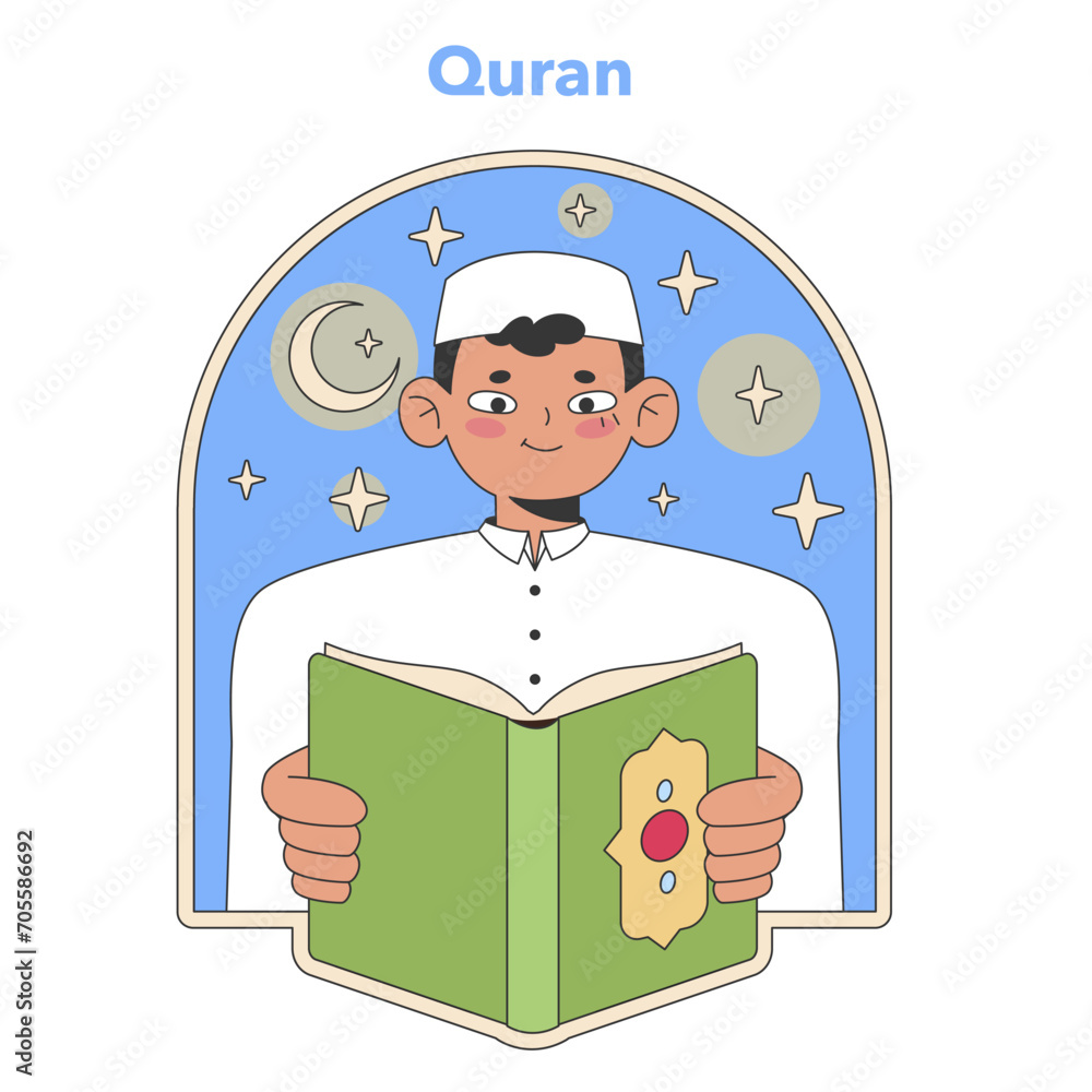 Quran reading illustration. A young Muslim engaging with the holy text against a night sky backdrop, symbolizing faith and learning. Flat vector image.