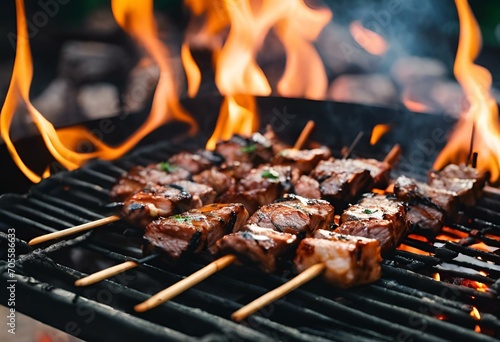 AI generated illustration of freshly grilled skewered meat with a flame burning in the background