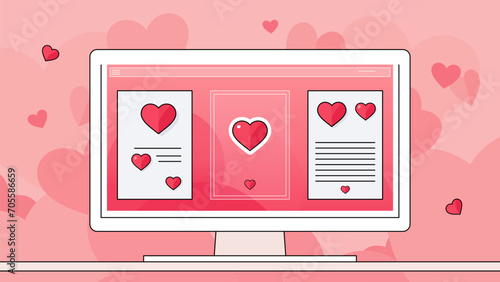 Valentine's Day computer screen with hearts and dating pages. Flat line art vector illustration.