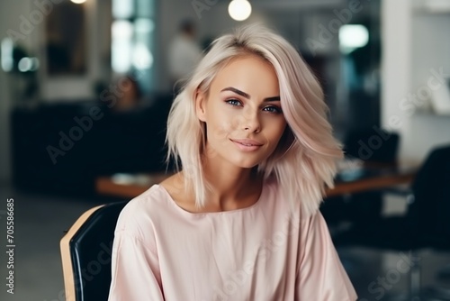 a beautiful blonde model woman in the hairdresser salon gets a new haircut, dyes her hair and style it. sitting on the chair and talks to the hairstylist