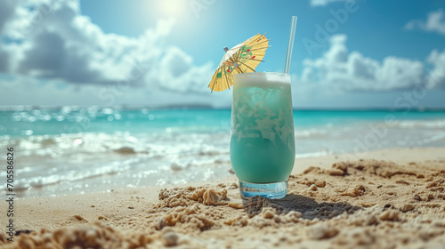Cocktail on tropical beach with blue sky and white clouds.