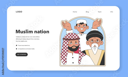 Muslim community unity concept. Diverse generational representation from young to elder. Cultural solidarity and religious harmony. Flat vector illustration