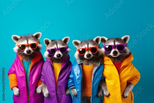 Creative animal concept. racoons in a group, vibrant bright fashionable outfits isolated on solid background advertisement, copy text space. birthday party invite invitation banner photo