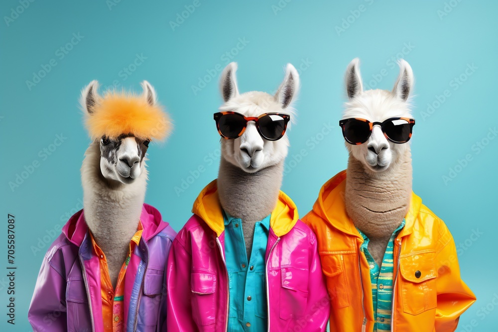 Creative animal concept. lamas in a group, vibrant bright fashionable outfits isolated on solid background advertisement, copy text space. birthday party invite invitation banner 