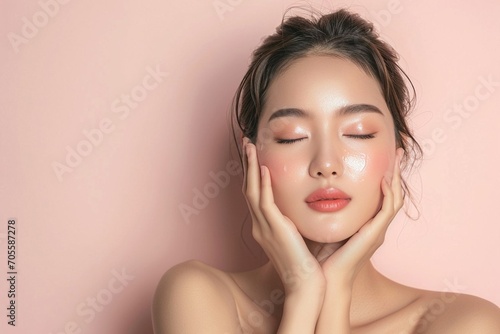 skin care and cosmetics concepts, asian girl with beautiful face touching healthy skin. © Iulia