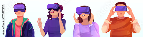 Group of man and woman in casual clothes wearing VR googles watching at virtual reality world space, digital interface hologram, network technology, abstract cyberspace. Vector illustration
