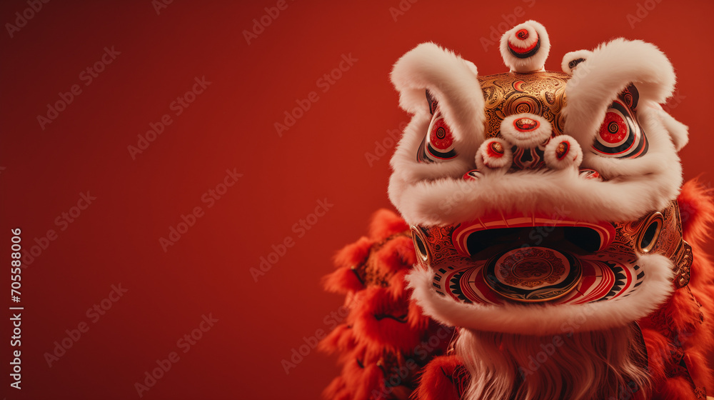 Lion dance on Chinese New Year Yellow-red-green lion on yellow-red-green background, isolated