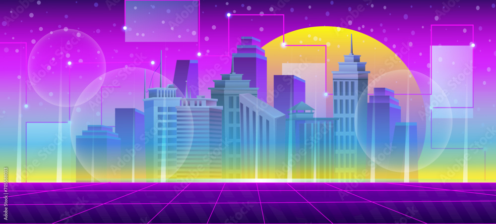 Virtual city world, digital interface with cityscape hologram, network technology, abstract cyberspace, futuristic science. Retro neon art. Concept of galaxy matrix. Vector illustration
