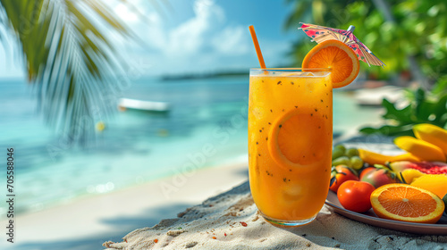 Glass of fresh orange juice on the beach with tropical fruits and sea background