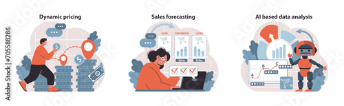 Retail Profit Plan set. Adapting pricing dynamically, predicting future sales, leveraging AI for data analytics. Streamlining retail strategies through advanced technologies. Flat vector.