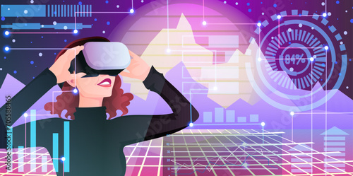 Excited woman in casual clothes wearing VR google watching at virtual reality world space hologram, digital interface, network technology, abstract cyberspace, futuristic science. Vector illustration