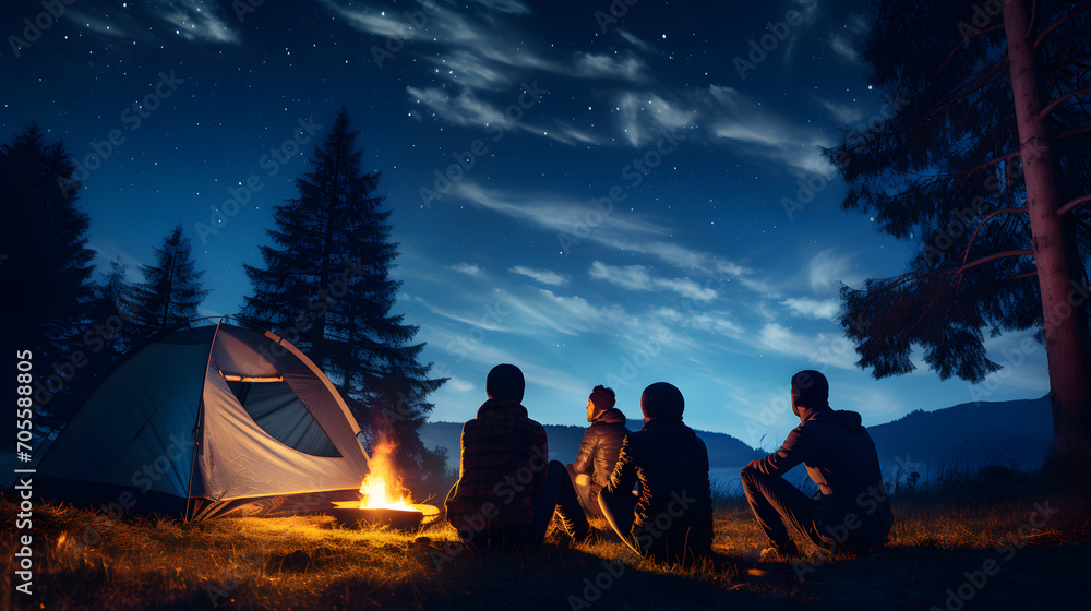 A group of friends camping under a starry night sky in vacation - obrazy, fototapety, plakaty 