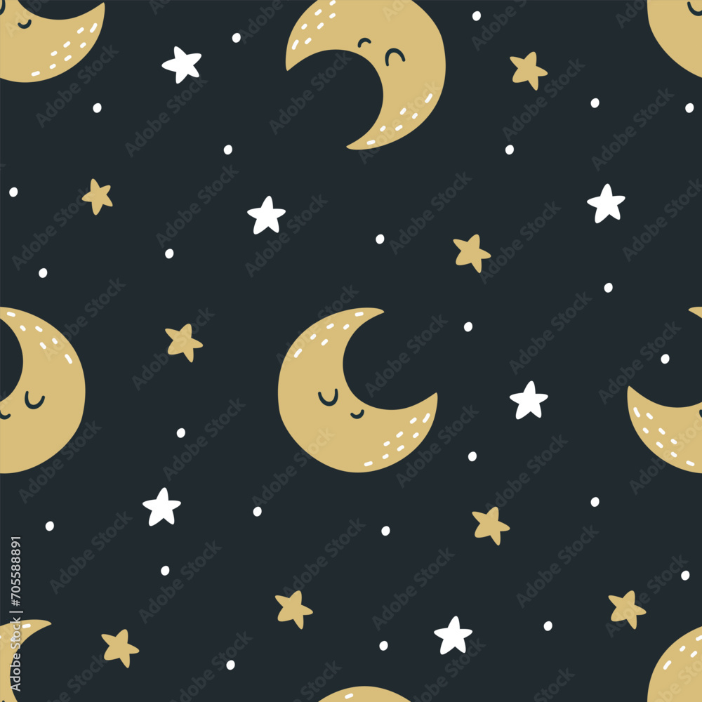 Seamless vector pattern in children's style. Starry night sky, sleeping moon smiling, stars . Vector illustration Seamless vector pattern in children's style. Starry night sky, sleeping moon smiling, stars . Vector illustration