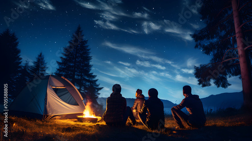 A group of friends camping under a starry night sky in vacation